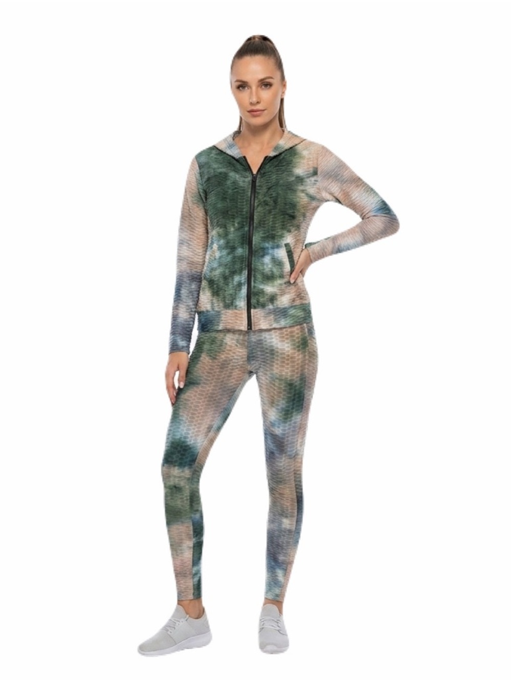 Missfit Women Honeycomb Texture Tie Dye Butt Lift Activewear Legging Jacket Set